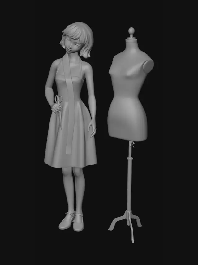 3D model for A stylized cute 3D girl figurine, look like a young fashion designer and dressmaker, whit a measuring tape around her neck, holding fabric scissors, standing next to a sewing mannequin, clean and solid geometry , minimal smooth sculpture style, perfect for 3D printing