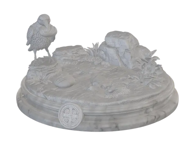 3D model for A highly detailed monochromatic white marble carved circular pedestal base. Symmetrical round tiered bottom. The top terrain features sculpted dirt, rocks, and pebbles. On the left, a stone raven stands on a rock, holding a round bread loaf in its beak. Another bread loaf rests on the ground. The right side features a cluster of smooth rocks and carved broad-leaf plants. A perfectly round, highly detailed Saint Benedict medal is embedded in the front center of the pedestal's edge. The entire model is rendered as a single solid piece of white limestone, with sharp, crisp sculptural relief, deep crevices, and ultra-realistic geometric details. Solid white material, no colors, perfect for 3D printing mesh generation, precise spatial arrangement.