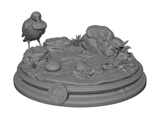 3D model for A highly detailed monochromatic white marble carved circular pedestal base. Symmetrical round tiered bottom. The top terrain features sculpted dirt, rocks, and pebbles. On the left, a stone raven stands on a rock, holding a round bread loaf in its beak. Another bread loaf rests on the ground. The right side features a cluster of smooth rocks and carved broad-leaf plants. A perfectly round, highly detailed Saint Benedict medal is embedded in the front center of the pedestal's edge. The entire model is rendered as a single solid piece of white limestone, with sharp, crisp sculptural relief, deep crevices, and ultra-realistic geometric details. Solid white material, no colors, perfect for 3D printing mesh generation, precise spatial arrangement.