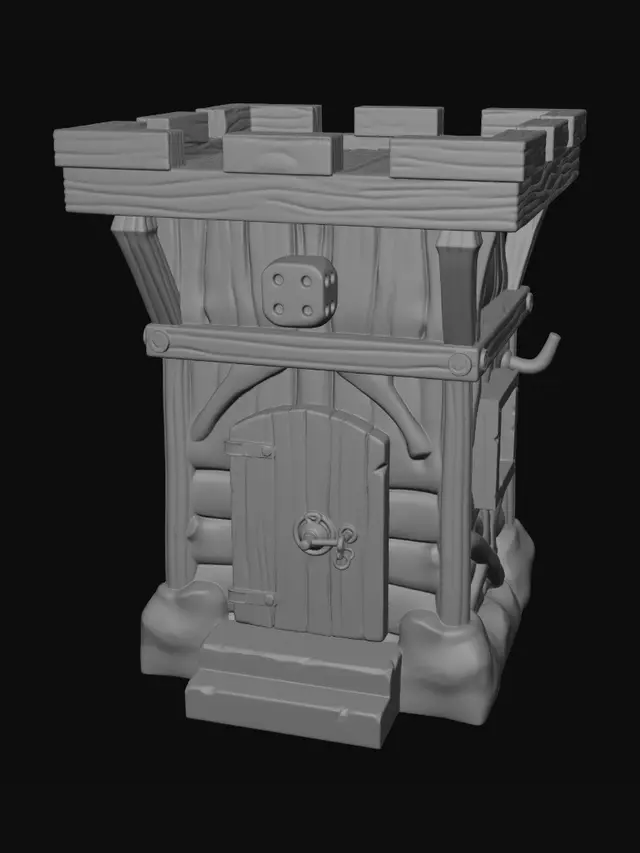 3D model for thin walls, paper thin details, floating geometry, disconnected parts, unsupported overhangs, impossible architecture, warped wood, organic blobs, excessive filigree, tiny fragile details, non manifold mesh, broken geometry, low detail, cartoon style, exaggerated proportions, medieval tavern dice tower base module, stone foundation, hidden dice entry chamber, internal chute alignment system, removable upper structure connection points, integrated locking sockets, realistic stone blocks, oak support beams, printable as single resin piece, optimized for Saturn 4 Ultra, no unsupported geometry, commercial terrain quality, 95mm x 95mm x 25mm