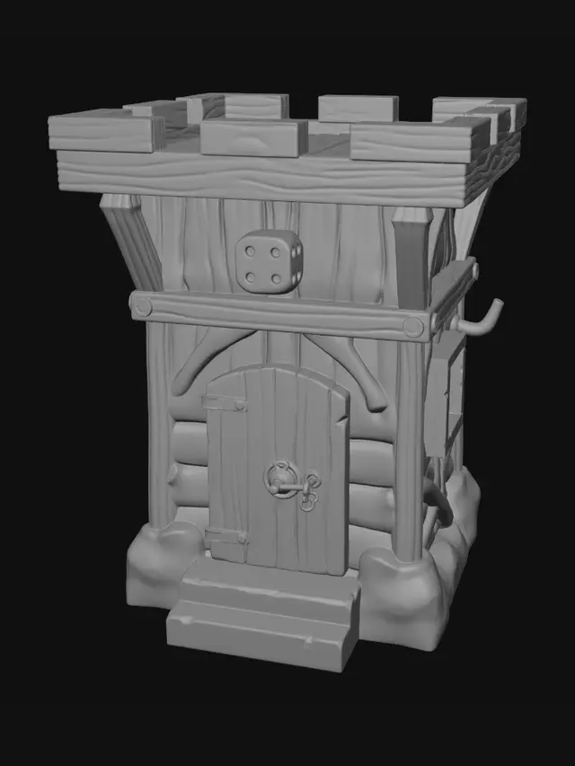 3D model for thin walls, paper thin details, floating geometry, disconnected parts, unsupported overhangs, impossible architecture, warped wood, organic blobs, excessive filigree, tiny fragile details, non manifold mesh, broken geometry, low detail, cartoon style, exaggerated proportions, medieval tavern dice tower base module, stone foundation, hidden dice entry chamber, internal chute alignment system, removable upper structure connection points, integrated locking sockets, realistic stone blocks, oak support beams, printable as single resin piece, optimized for Saturn 4 Ultra, no unsupported geometry, commercial terrain quality, 95mm x 95mm x 25mm