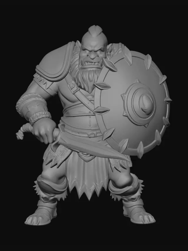 3D model for short stocky male orc warrior miniature, 45mm heroic scale, massive muscular build, oversized arms and hands, broad chest, thick neck, brutal leather and iron armor, grounded wide stance, reinforced kite shield with carved lightning emblem, oversized longsword with thick blade, chunky boots, exaggerated tabletop proportions, thick readable anatomy, stable silhouette, attached armor and cloth, TMK chunky aesthetic, durable resin printable geometry, fantasy tavern mercenary, skinny anatomy, realistic proportions, thin sword, fragile shield, floating objects, unsupported overhangs, tiny chains, anime style, sci fi, modern gear, tiny fingers, weak ankles, jumping pose, disconnected parts, hollow fragile geometry