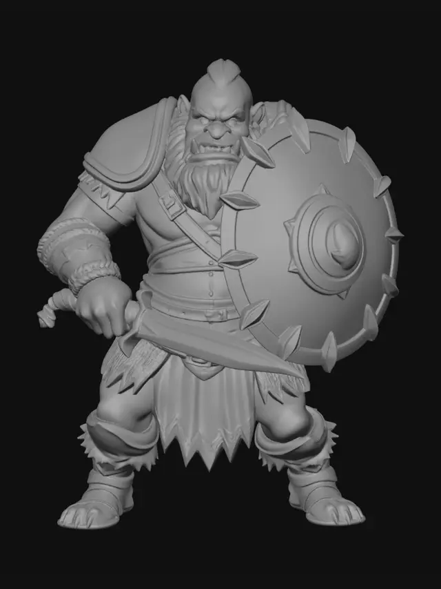 3D model for short stocky male orc warrior miniature, 45mm heroic scale, massive muscular build, oversized arms and hands, broad chest, thick neck, brutal leather and iron armor, grounded wide stance, reinforced kite shield with carved lightning emblem, oversized longsword with thick blade, chunky boots, exaggerated tabletop proportions, thick readable anatomy, stable silhouette, attached armor and cloth, TMK chunky aesthetic, durable resin printable geometry, fantasy tavern mercenary, skinny anatomy, realistic proportions, thin sword, fragile shield, floating objects, unsupported overhangs, tiny chains, anime style, sci fi, modern gear, tiny fingers, weak ankles, jumping pose, disconnected parts, hollow fragile geometry