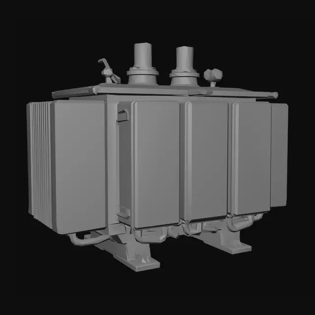 3D model for Create a realistic game-ready 3D model of a soviet power transformer with early-1990s Eastern European industrial design. Materials: painted steel in  worn and dusty grey colored, with scratches, chipped paint, slight rust at bends and around mounting holes, dust and grime in corners. No labels, no logos, no readable text. Clean topology, medium poly; separate parts for backplate, ring/cradle, strap/latch, fasteners.