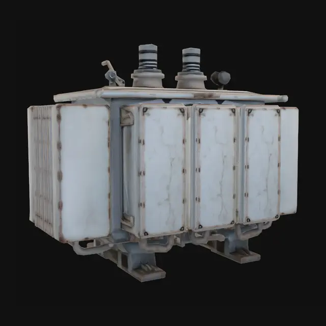 3D model for Create a realistic game-ready 3D model of a soviet power transformer with early-1990s Eastern European industrial design. Materials: painted steel in  worn and dusty grey colored, with scratches, chipped paint, slight rust at bends and around mounting holes, dust and grime in corners. No labels, no logos, no readable text. Clean topology, medium poly; separate parts for backplate, ring/cradle, strap/latch, fasteners.