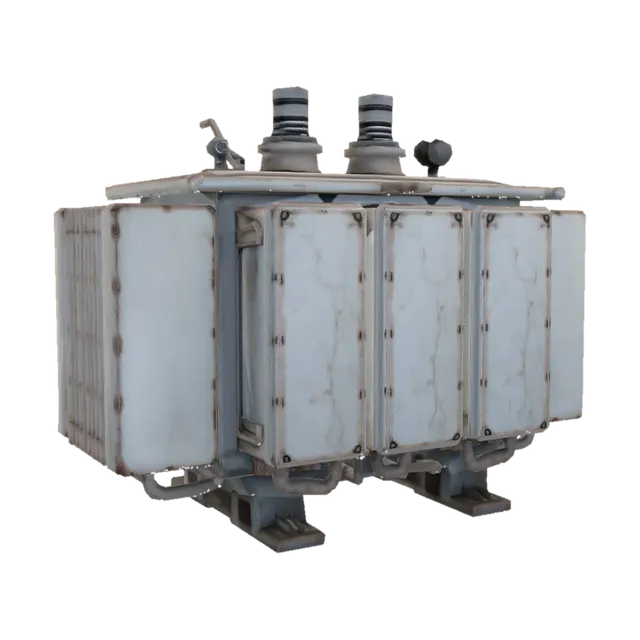 3D model for Create a realistic game-ready 3D model of a soviet power transformer with early-1990s Eastern European industrial design. Materials: painted steel in worn and dusty grey colored, with scratches, chipped paint, slight rust at bends and around mounting holes, dust and grime in corners. No labels, no logos, no readable text. Clean topology, medium poly; separate parts for backplate, ring/cradle, strap/latch, fasteners.