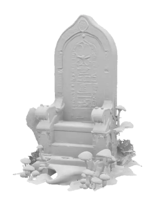 3D model for Design a highly detailed throne from an ancient high tech alien civilization. The throne is inside some ruins consumed by alien trees, plants and glowing mushrooms. For the texture of the throne combine a dark granite glossy finish with alien rune inscriptions.