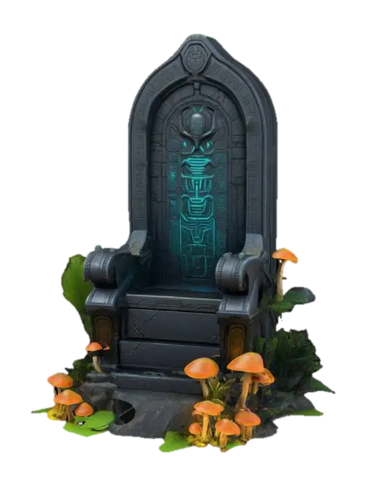 3D model for Design a highly detailed throne from an ancient high tech alien civilization. The throne is inside some ruins consumed by alien trees, plants and glowing mushrooms. For the texture of the throne combine a dark granite glossy finish with alien rune inscriptions.