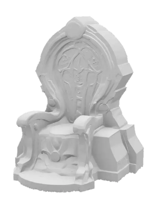 3D model for Design a highly detailed throne from an ancient high tech alien civilization. The throne is inside some ruins consumed by alien trees, plants and glowing mushrooms. For the texture of the throne combine a dark granite glossy finish with alien rune inscriptions.