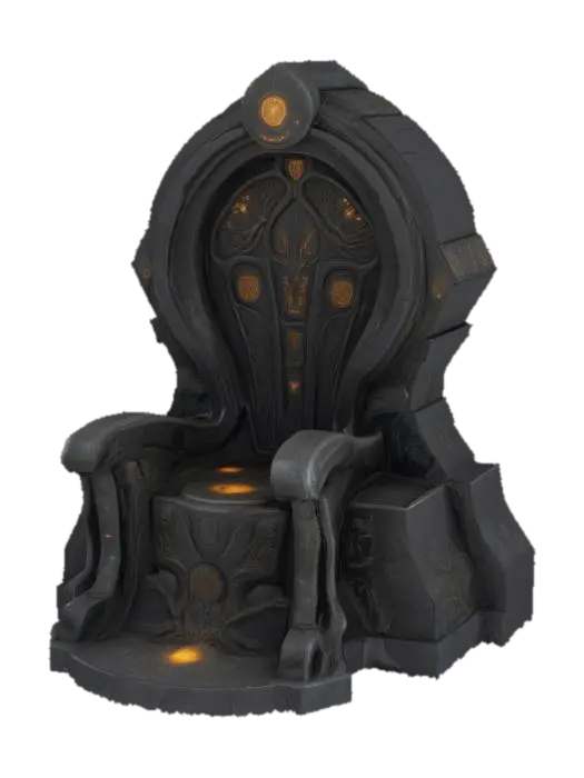 3D model for Design a highly detailed throne from an ancient high tech alien civilization. The throne is inside some ruins consumed by alien trees, plants and glowing mushrooms. For the texture of the throne combine a dark granite glossy finish with alien rune inscriptions.