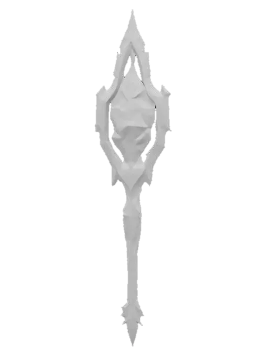 3D model for alien cybernetic scepter with a purple dark energy crystal in the top center, energy flowing from the crystal to the rest of the crown, all made with high definition and using a tungsten alloy material with a polished finish