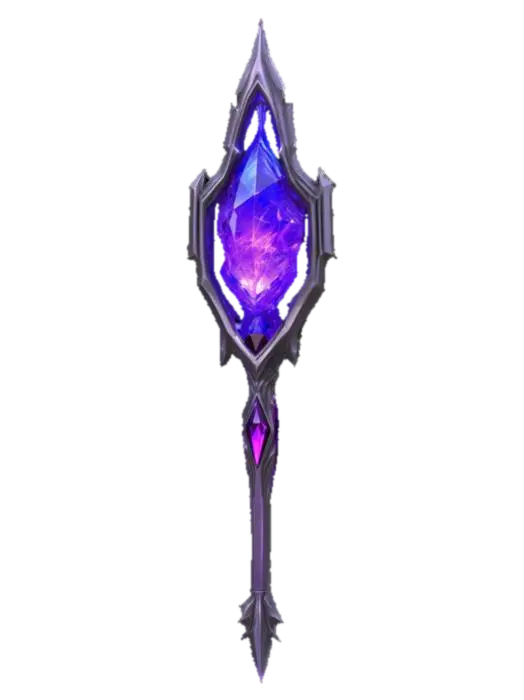3D model for alien cybernetic scepter with a purple dark energy crystal in the top center, energy flowing from the crystal to the rest of the crown, all made with high definition and using a tungsten alloy material with a polished finish