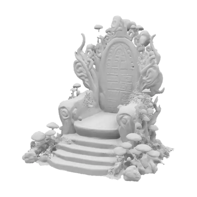 3D model for Design a highly detailed throne from an ancient high tech alien civilization. The throne is inside some ruins consumed by alien trees, plants and glowing mushrooms. For the texture of the throne combine a dark granite glossy finish with alien rune inscriptions.