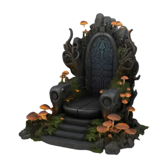 3D model for Design a highly detailed throne from an ancient high tech alien civilization. The throne is inside some ruins consumed by alien trees, plants and glowing mushrooms. For the texture of the throne combine a dark granite glossy finish with alien rune inscriptions.