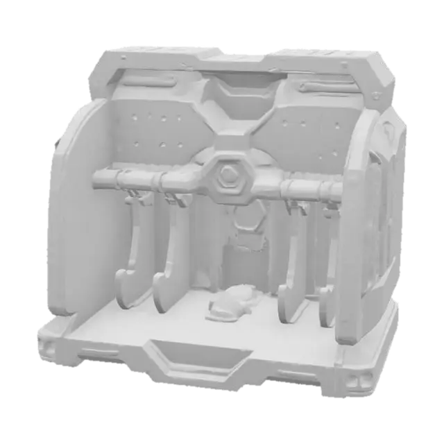 3D model for empty weapon rack made of dark gray shiny metal, technologically advanced, empty slots to hold melee weapons, small dark purple energy crystal core on top enclosed on a tech container