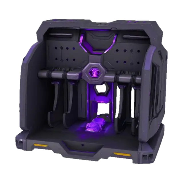 3D model for empty weapon rack made of dark gray shiny metal, technologically advanced, empty slots to hold melee weapons, small dark purple energy crystal core on top enclosed on a tech container