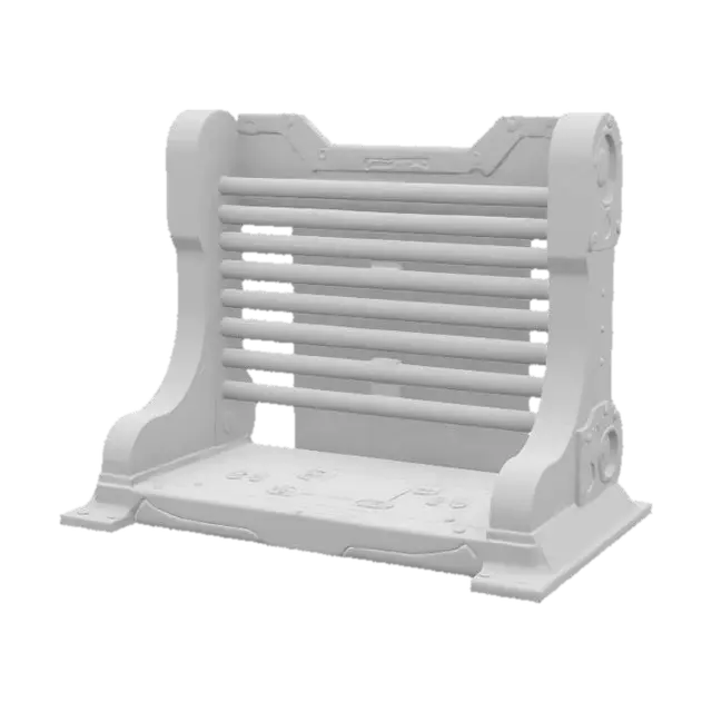 3D model for empty weapon rack made of dark gray shiny metal, technologically advanced, empty slots to hold melee weapons, small dark purple energy crystal core on top enclosed on a tech container