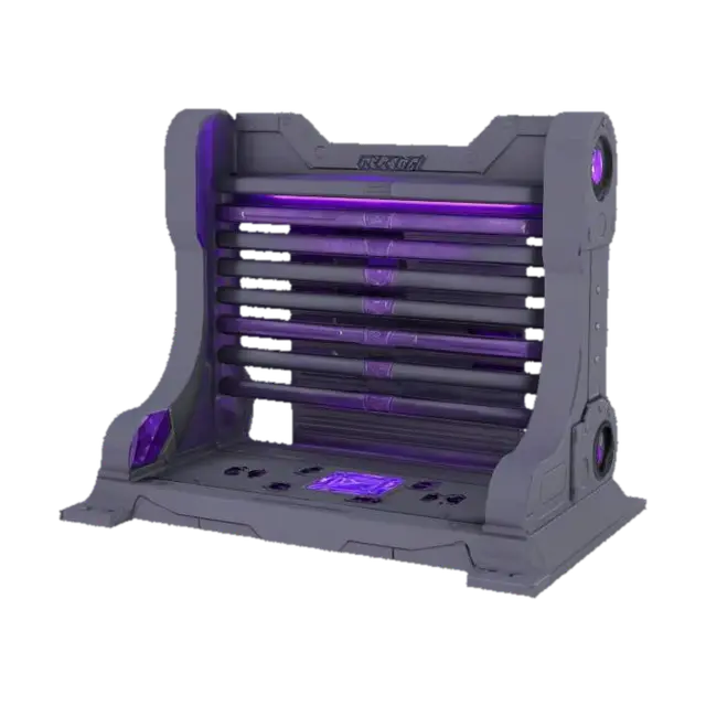 3D model for empty weapon rack made of dark gray shiny metal, technologically advanced, empty slots to hold melee weapons, small dark purple energy crystal core on top enclosed on a tech container