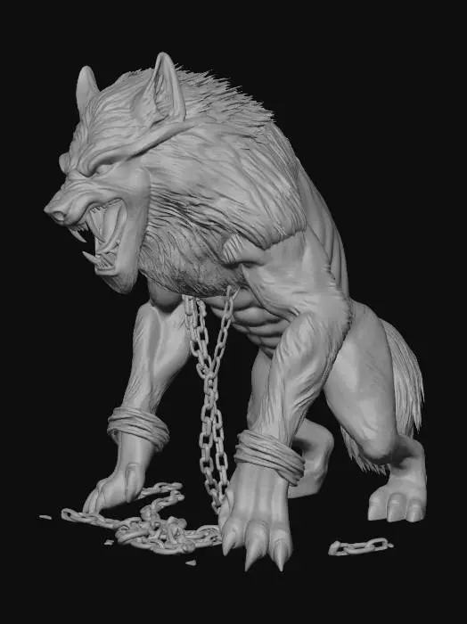 3D model for Quiero un diseño de Fenrir, lobo de la mitología nórdica, el cual tiene cadenas para que no se libere. Que tenga un aspecto feroz, con la boca abierta y que muestre sus colmillos. No olvidar algunas cadenas