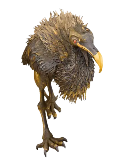 3D model for Colossal marsh bird creature, natural history bestiary style, semi-realistic 3D model. 
Appearance inspired by giant heron or shoebill stork, with powerful long legs, massive claws, and dense dark brown feathers with earthy tones. 
Head elongated with sharp beak, piercing eyes, and slightly rugged crest. 
Body massive, giving an impression of a prehistoric giant bird adapted to swamps. 
Texture PBR realistic with detailed feathers, rough skin on legs, wet and muddy details near claws. 
Environment reference: misty swamp, shallow waters, reeds, and twisted trees. 
Polyrealism style, suitable for fantasy RPG world of Gaia.
#PRB# #Polyrealism# #Bestiary#