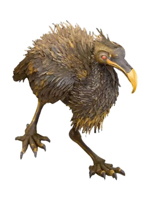3D model for Colossal marsh bird creature, natural history bestiary style, semi-realistic 3D model. 
Appearance inspired by giant heron or shoebill stork, with powerful long legs, massive claws, and dense dark brown feathers with earthy tones. 
Head elongated with sharp beak, piercing eyes, and slightly rugged crest. 
Body massive, giving an impression of a prehistoric giant bird adapted to swamps. 
Texture PBR realistic with detailed feathers, rough skin on legs, wet and muddy details near claws. 
Environment reference: misty swamp, shallow waters, reeds, and twisted trees. 
Polyrealism style, suitable for fantasy RPG world of Gaia.
#PRB# #Polyrealism# #Bestiary#