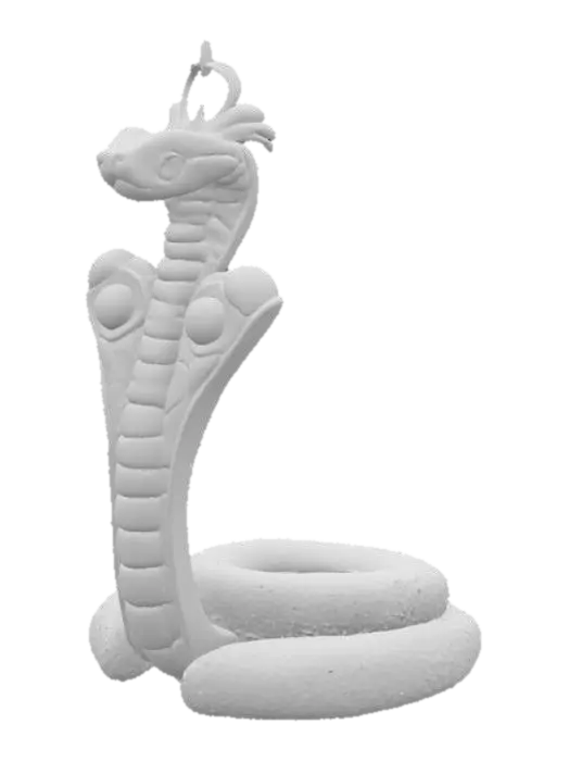 3D model for A polished golden crown with a prominent circular base band and an elegant, sinuous arch overhead. At the front, a multi-colored uraeus cobra with a blue head, black eyes, and golden scaled body rises, its hood flared with red and blue enamel-like sections. The main band is adorned with a geometric pattern of alternating light and dark blue squares, interspersed with smooth, round golden spheres set in red and orange circular frames.