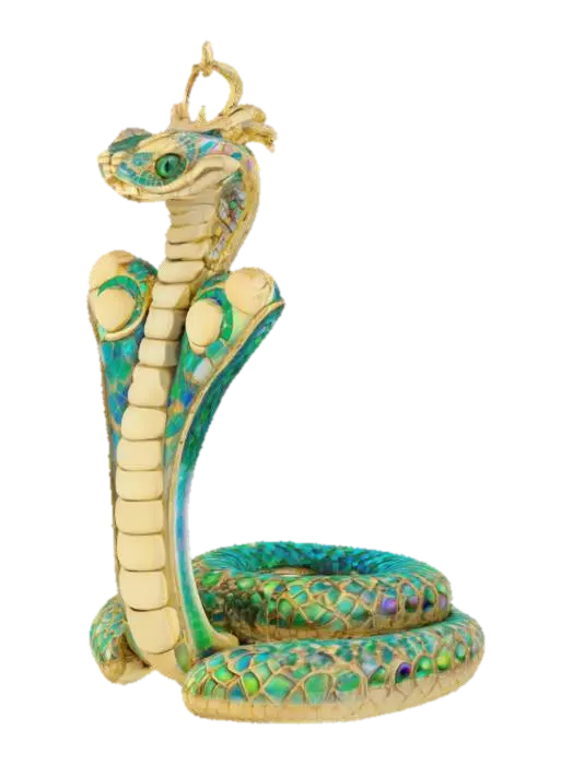 3D model for A polished golden crown with a prominent circular base band and an elegant, sinuous arch overhead. At the front, a multi-colored uraeus cobra with a blue head, black eyes, and golden scaled body rises, its hood flared with red and blue enamel-like sections. The main band is adorned with a geometric pattern of alternating light and dark blue squares, interspersed with smooth, round golden spheres set in red and orange circular frames.