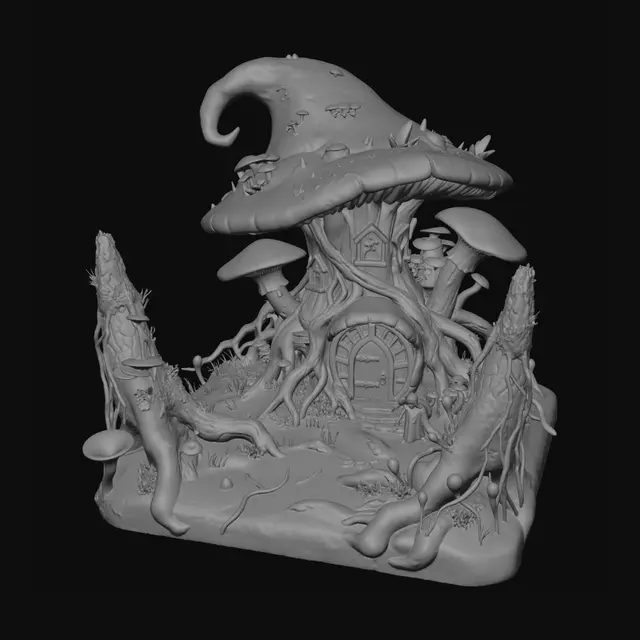 3D model for A giant fantasy mushroom house inspired by Morrowind Telvanni architecture, organic living structure, huge curved mushroom cap roof, twisted roots forming doors and windows, glowing blue bioluminescent fungi, ancient magical atmosphere, dark fantasy swamp environment, alien plants, misty air, medieval fantasy details, weathered textures, asymmetrical silhouette, cinematic lighting, highly detailed concept art, realistic materials, mysterious elder wizard dwelling, Unreal Engine style, ultra detailed, 4k