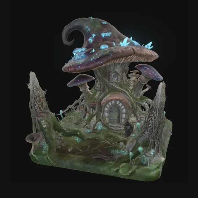 3D model for A giant fantasy mushroom house inspired by Morrowind Telvanni architecture, organic living structure, huge curved mushroom cap roof, twisted roots forming doors and windows, glowing blue bioluminescent fungi, ancient magical atmosphere, dark fantasy swamp environment, alien plants, misty air, medieval fantasy details, weathered textures, asymmetrical silhouette, cinematic lighting, highly detailed concept art, realistic materials, mysterious elder wizard dwelling, Unreal Engine style, ultra detailed, 4k