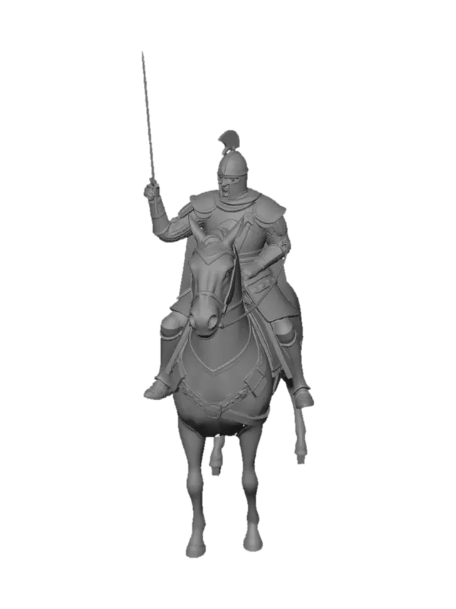 3D model for caballero cruzado a caballo con una espada en la mano derecha y sujetando las riendas con la izquierda con una armadura y con el yelmo sin adornos