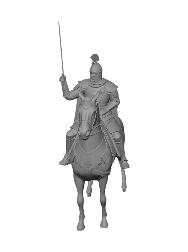 3D model for caballero cruzado a caballo con una espada en la mano derecha y sujetando las riendas con la izquierda con una armadura y con el yelmo sin adornos