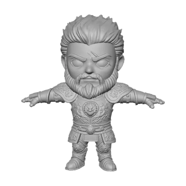 3D model for T pose, chibi, anime, manga, big head, big hands, man, male, warrior, plate armor, scar on face, blue eyes, short black hair, beard