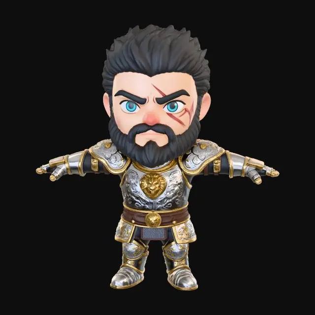 3D model for T pose, chibi, anime, manga, big head, big hands, man, male, warrior, plate armor, scar on face, blue eyes, short black hair, beard