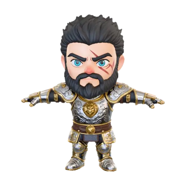 3D model for T pose, chibi, anime, manga, big head, big hands, man, male, warrior, plate armor, scar on face, blue eyes, short black hair, beard