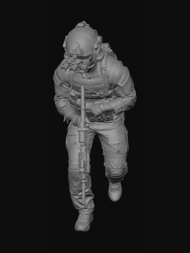 3D model for Creami un'immagine di un soldato americano della delta force contemporaneo in piedi mentre avanza lentamente.Imbraccia un fucile M4 che tiene con la punta verso il basso a sinistra. In testa ha un elmetto con visore notturno. Veste una combat vest con tasche. Ha i pantaloni con ginocchiere e scarponcini.