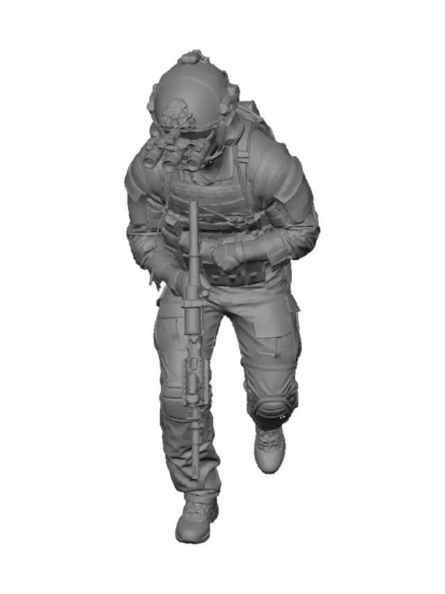 3D model for Creami un'immagine di un soldato americano della delta force contemporaneo in piedi mentre avanza lentamente.Imbraccia un fucile M4 che tiene con la punta verso il basso a sinistra. In testa ha un elmetto con visore notturno. Veste una combat vest con tasche. Ha i pantaloni con ginocchiere e scarponcini.