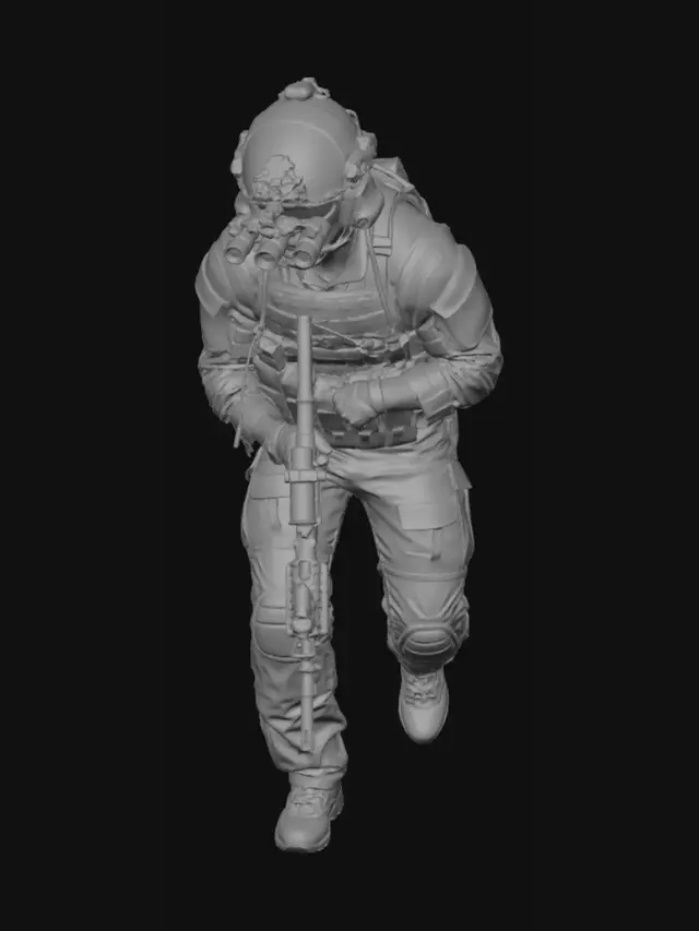 3D model for Creami un'immagine di un soldato americano della delta force contemporaneo in piedi mentre avanza lentamente.Imbraccia un fucile M4 che tiene con la punta verso il basso a sinistra. In testa ha un elmetto con visore notturno. Veste una combat vest con tasche. Ha i pantaloni con ginocchiere e scarponcini.