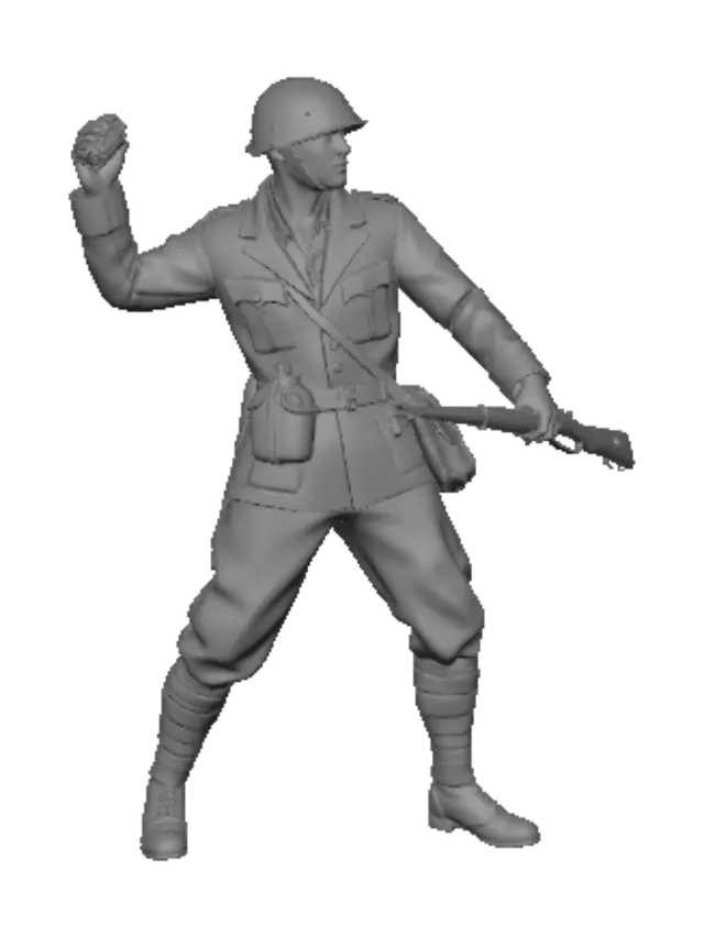 3D model for Creami un'immagine di un fante italiano della seconda guerra mondiale in piedi mentre lancia una bomba a mano SRCM con la mano destra. Nella mano sinistra impugna il fucile Carcano modello 1991 accorciato. In testa calza l'elmetto modello 33. Indossa l'uniforme con collo aperto con sotto la camicia con il colletto sbottonato. Indossa alle caviglie le fasce mollettiere fino ai polpacci. Ha solo una borraccia sul fianco destro e un tascapane sul fianco sinistro.