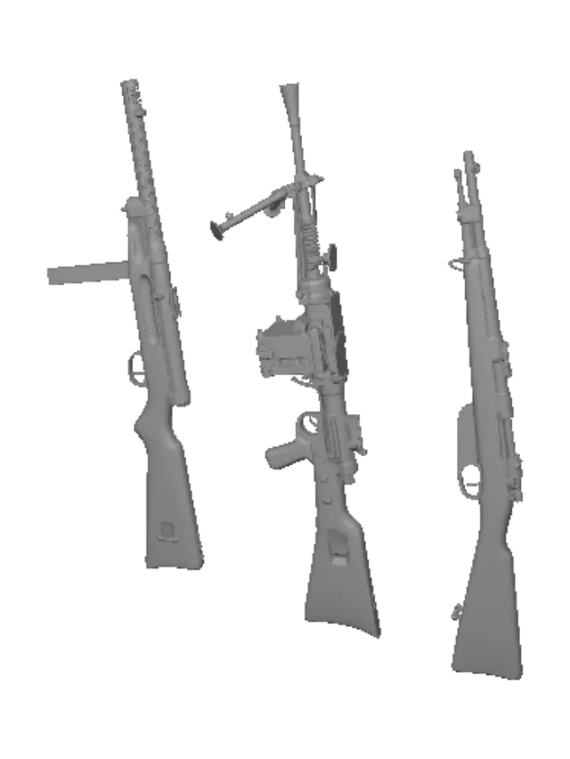3D model for Creami delle immagini separate di un fucile carcano 91/38 TS, di un fucile mitragliatore BREDA 30 e di un mitra MAB 38.