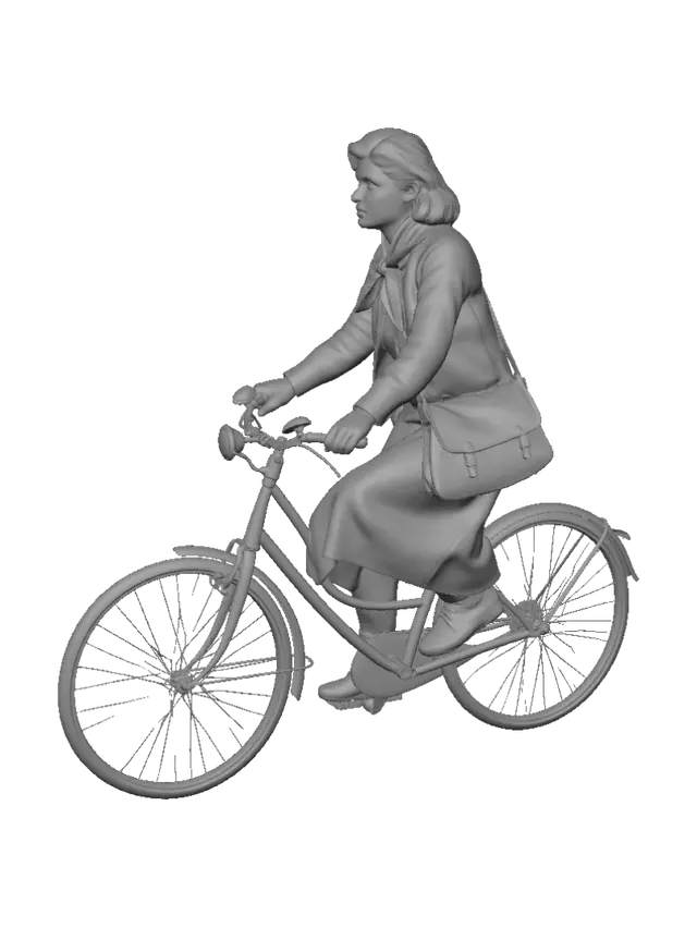 3D model for Creami l' immagine di una giovane donna degli anni 40 in bicicletta. Falla vestita come nella foto con un tascapane a tracolla.