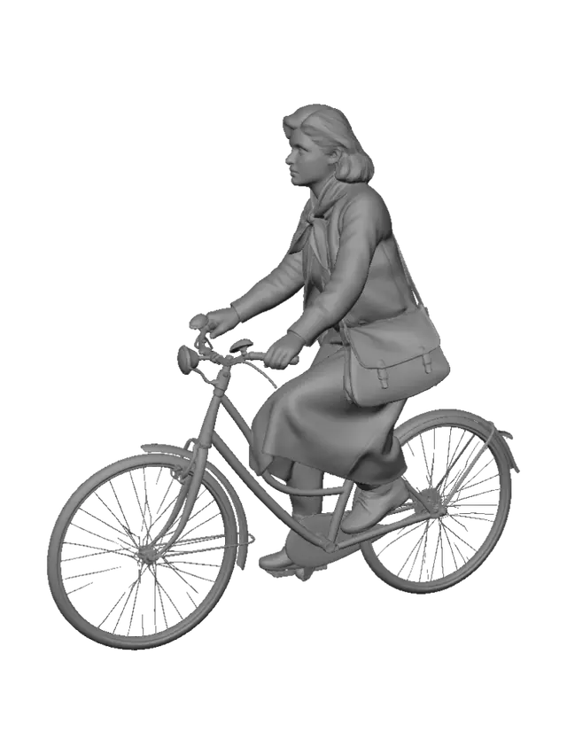 3D model for Creami l' immagine di una giovane donna degli anni 40 in bicicletta. Falla vestita come nella foto con un tascapane a tracolla.