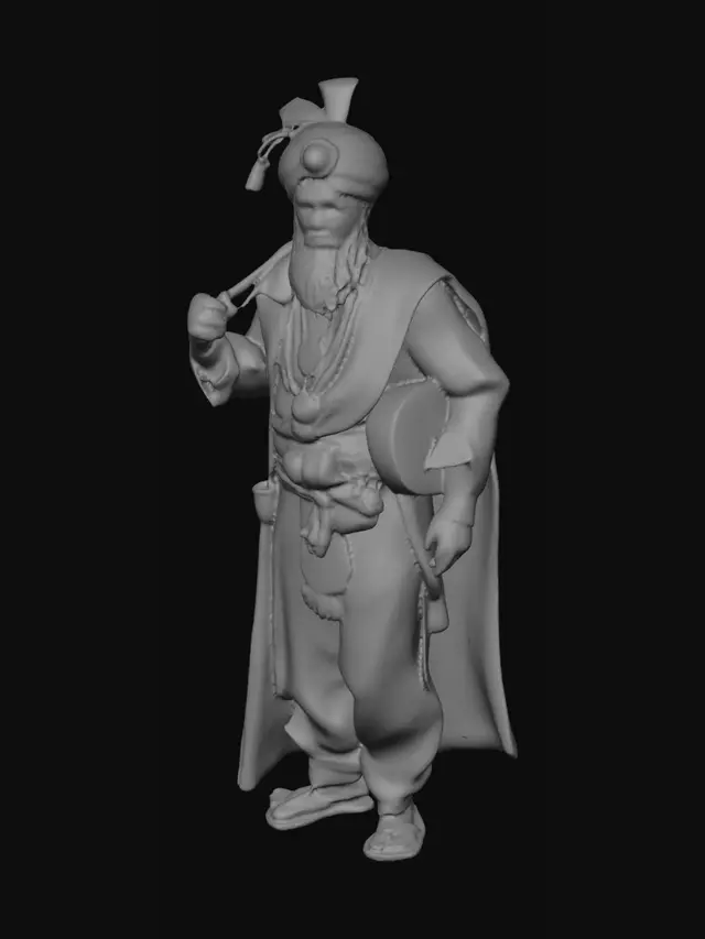 3D model for A powerful and heroic Arab male merchant standing confidently in a bustling desert bazaar, tall and muscular physique, sharp masculine facial features, thick beard, intense eyes, wearing luxurious traditional Middle Eastern robes with intricate gold embroidery, leather belts, layered fabrics, and a majestic turban, carrying exotic goods and ancient treasures, cinematic desert atmosphere, warm sunset lighting, realistic textures, highly detailed clothing folds, noble and fearless expression, fantasy Arabian aesthetic, ultra-detailed 3D character, game-ready, PBR materials, Unreal Engine 5 quality, realistic skin shading, dynamic pose, high poly, masterpiece quality.