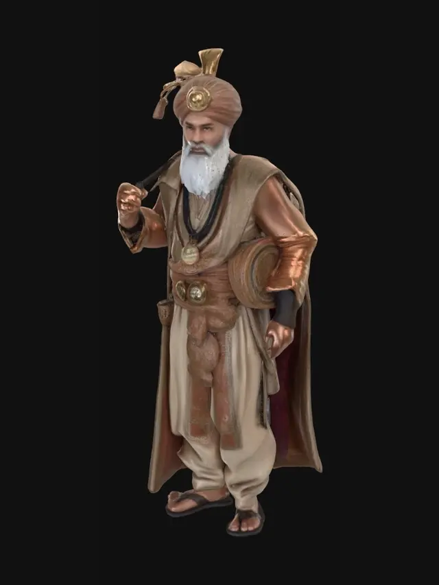 3D model for A powerful and heroic Arab male merchant standing confidently in a bustling desert bazaar, tall and muscular physique, sharp masculine facial features, thick beard, intense eyes, wearing luxurious traditional Middle Eastern robes with intricate gold embroidery, leather belts, layered fabrics, and a majestic turban, carrying exotic goods and ancient treasures, cinematic desert atmosphere, warm sunset lighting, realistic textures, highly detailed clothing folds, noble and fearless expression, fantasy Arabian aesthetic, ultra-detailed 3D character, game-ready, PBR materials, Unreal Engine 5 quality, realistic skin shading, dynamic pose, high poly, masterpiece quality.