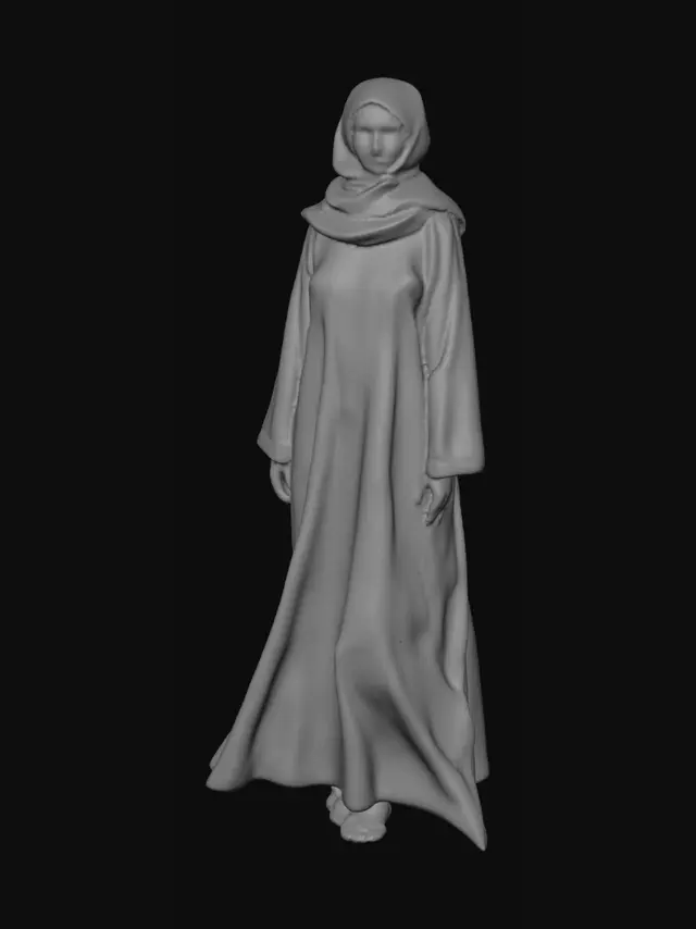 3D model for A highly detailed realistic 3D character of a modest Arab female merchant standing in a traditional Middle Eastern marketplace. She is wearing a flowing black abaya with elegant gold embroidery along the sleeves and edges, fully covering her body in a modest and respectful style. She also wears a matching black hijab that neatly covers her hair and neck, with only her face visible. Her expression is warm, confident, and dignified, reflecting the wisdom and experience of a successful trader. Realistic facial features with Middle Eastern appearance, Full-body character, standing pose, highly detailed cloth simulation, realistic textures, cinematic lighting, 8K resolution, game-ready, PBR materials, Unreal Engine quality.
