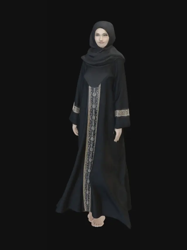 3D model for A highly detailed realistic 3D character of a modest Arab female merchant standing in a traditional Middle Eastern marketplace. She is wearing a flowing black abaya with elegant gold embroidery along the sleeves and edges, fully covering her body in a modest and respectful style. She also wears a matching black hijab that neatly covers her hair and neck, with only her face visible. Her expression is warm, confident, and dignified, reflecting the wisdom and experience of a successful trader. Realistic facial features with Middle Eastern appearance, Full-body character, standing pose, highly detailed cloth simulation, realistic textures, cinematic lighting, 8K resolution, game-ready, PBR materials, Unreal Engine quality.