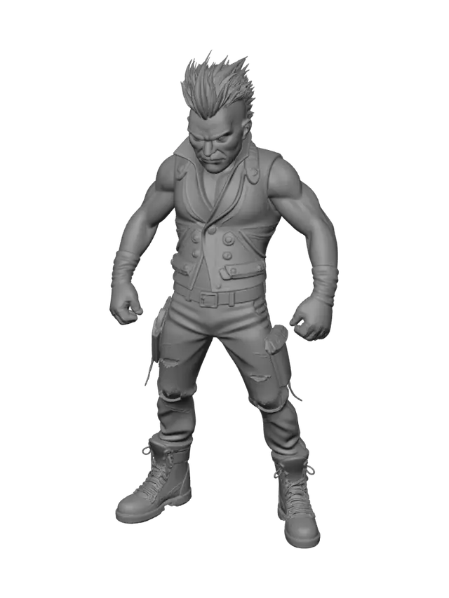 3D model for Stylized full-body punk arena brawler for a chaotic multiplayer game: broad, stocky silhouette; huge neon-green mohawk; black studded leather vest; torn charcoal jeans; heavy combat boots; fingerless gloves; hot-pink war-paint stripe across the eyes. Tough, funny, slightly ridiculous, readable at a distance. Neutral T-pose, arms straight out, legs straight, feet flat; humanoid, clean hands, no weapon, props, cape, chains or base. Game-ready low-poly mesh, clean topology, 8k-15k triangles, baked 2048 PBR textures, pivot between feet, Y up, facing -Z. Chunky cartoon proportions, hand-painted worn punk textures, saturated colors, soft cel-shaded look, plain background, no text, logo, shadow or watermark.