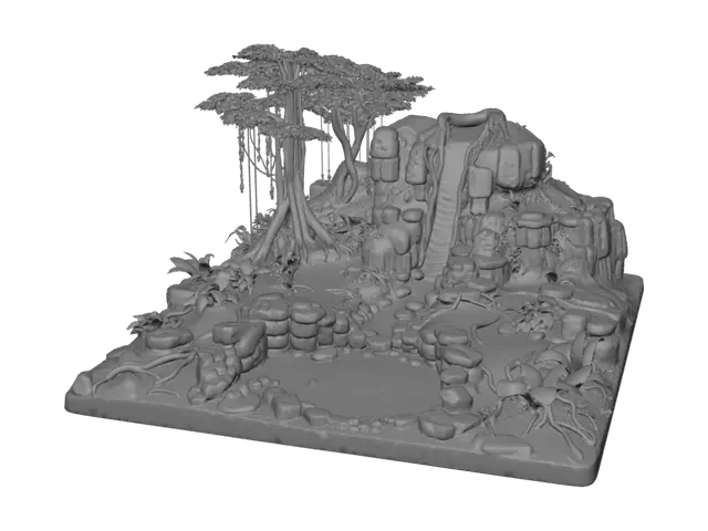 3D model for Create a highly detailed realistic Amazon rainforest “full top jungle scene” designed as one 3D-printable scenic insert for a tabletop diorama.

The scene should include:
- one compact rainforest mountain / waterfall cliff at the back center
- a carved empty waterfall channel from top to bottom
- a dry stream path leading from the cliff to a front pool basin
- a shallow empty pool basin at the front center
- natural rocky edges around the pool
- uneven jungle soil ground covering the whole top
- mossy rocks, root grooves, exposed tree roots, and forest-floor texture
- one main jungle tree area on the back-left side
- smaller plant/fern pockets around the rocks
- spaces where artificial moss and plants can be added later

Important for 3D conversion:
- show NO visible flowing water
- no spl