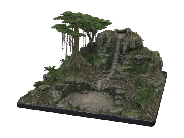 3D model for Create a highly detailed realistic Amazon rainforest “full top jungle scene” designed as one 3D-printable scenic insert for a tabletop diorama.

The scene should include:
- one compact rainforest mountain / waterfall cliff at the back center
- a carved empty waterfall channel from top to bottom
- a dry stream path leading from the cliff to a front pool basin
- a shallow empty pool basin at the front center
- natural rocky edges around the pool
- uneven jungle soil ground covering the whole top
- mossy rocks, root grooves, exposed tree roots, and forest-floor texture
- one main jungle tree area on the back-left side
- smaller plant/fern pockets around the rocks
- spaces where artificial moss and plants can be added later

Important for 3D conversion:
- show NO visible flowing water
- no spl
