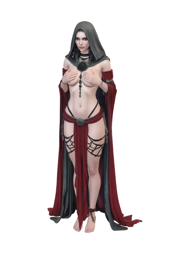 Crimson Veiled Enchantress - Feminine 3D model, vytvořený pomocí AI
