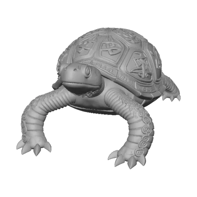 3D model for ​"Generate a high-quality 3D printable model (STL or OBJ) of the stylized medieval brass turtle shown in image_0.png. The model must be watertight and manifold. Recreate the exact intricate Celtic knot and Runic patterns from the carapace of image_0.png as deep, clean reliefs. The limbs and head must be solid and geometrically defined. Optimize the mesh for FDM or SLA 3D printing, ensuring a flat, stable bottom surface for the print bed. Maintain the robust, non-biological, artifact-like proportions. No smoothing; keep the edges sharp and defined as in the reference image."